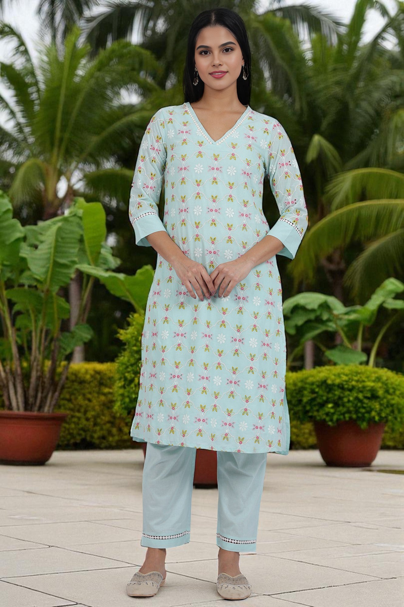 Blue Embroidered Lace Pure Cotton Straight Kurta &amp; Straight Pant Set