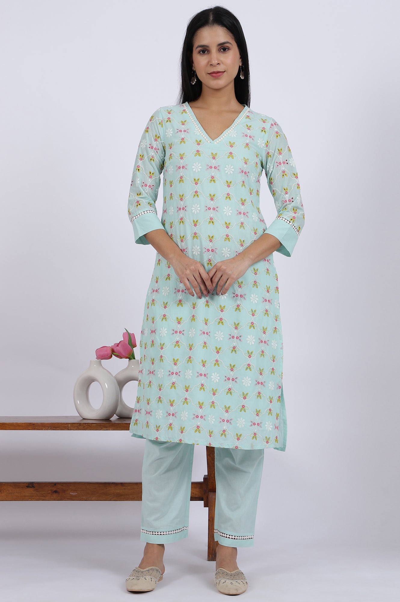 Blue Embroidered Lace Pure Cotton Straight Kurta &amp; Straight Pant Set