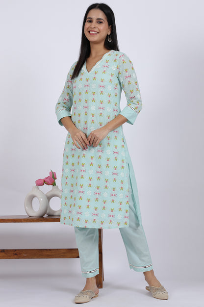 Blue Embroidered Lace Pure Cotton Straight Kurta &amp; Straight Pant Set