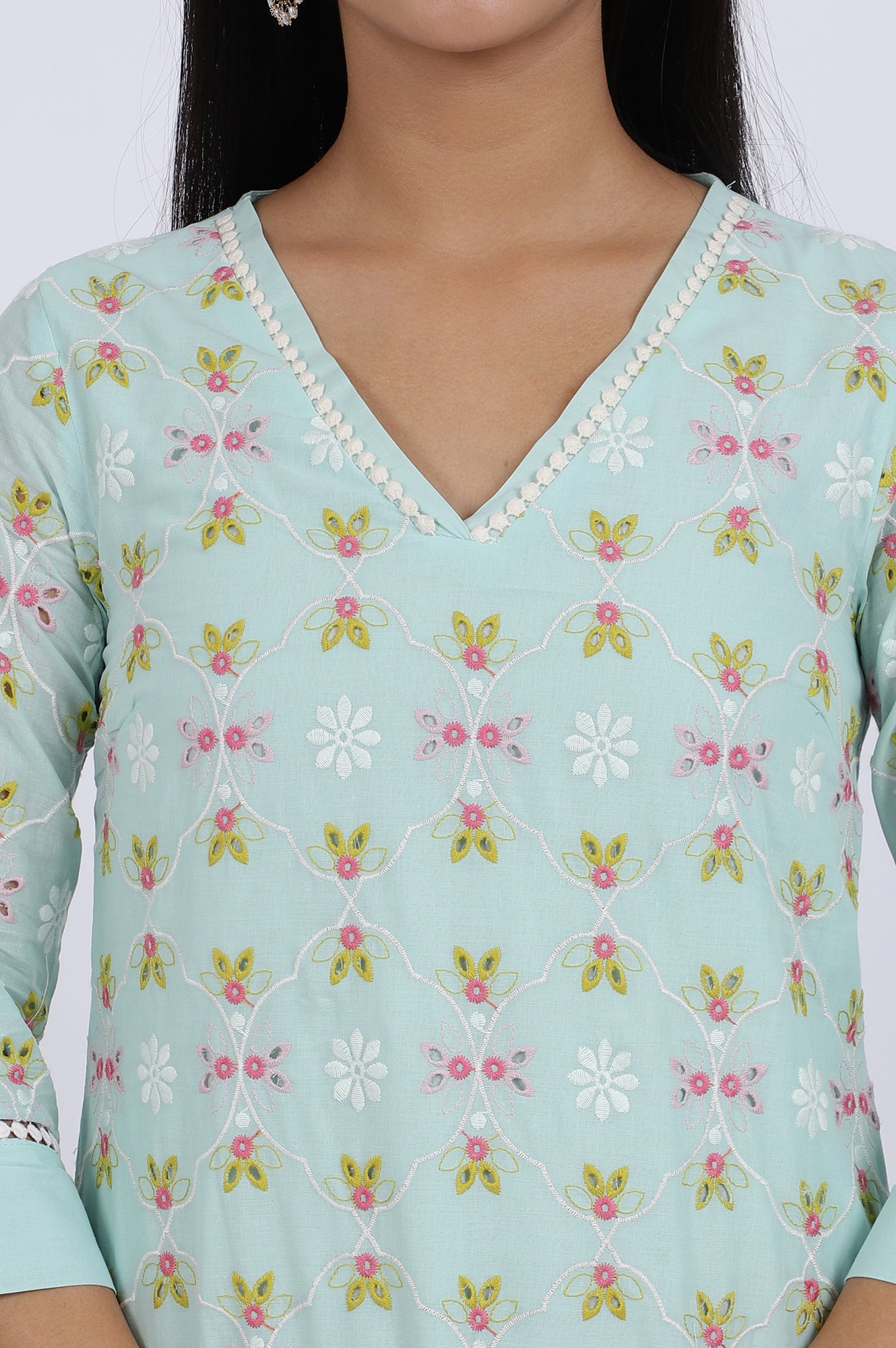 Blue Embroidered Lace Pure Cotton Straight Kurta &amp; Straight Pant Set