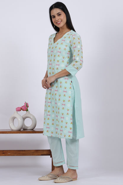 Blue Embroidered Lace Pure Cotton Straight Kurta &amp; Straight Pant Set