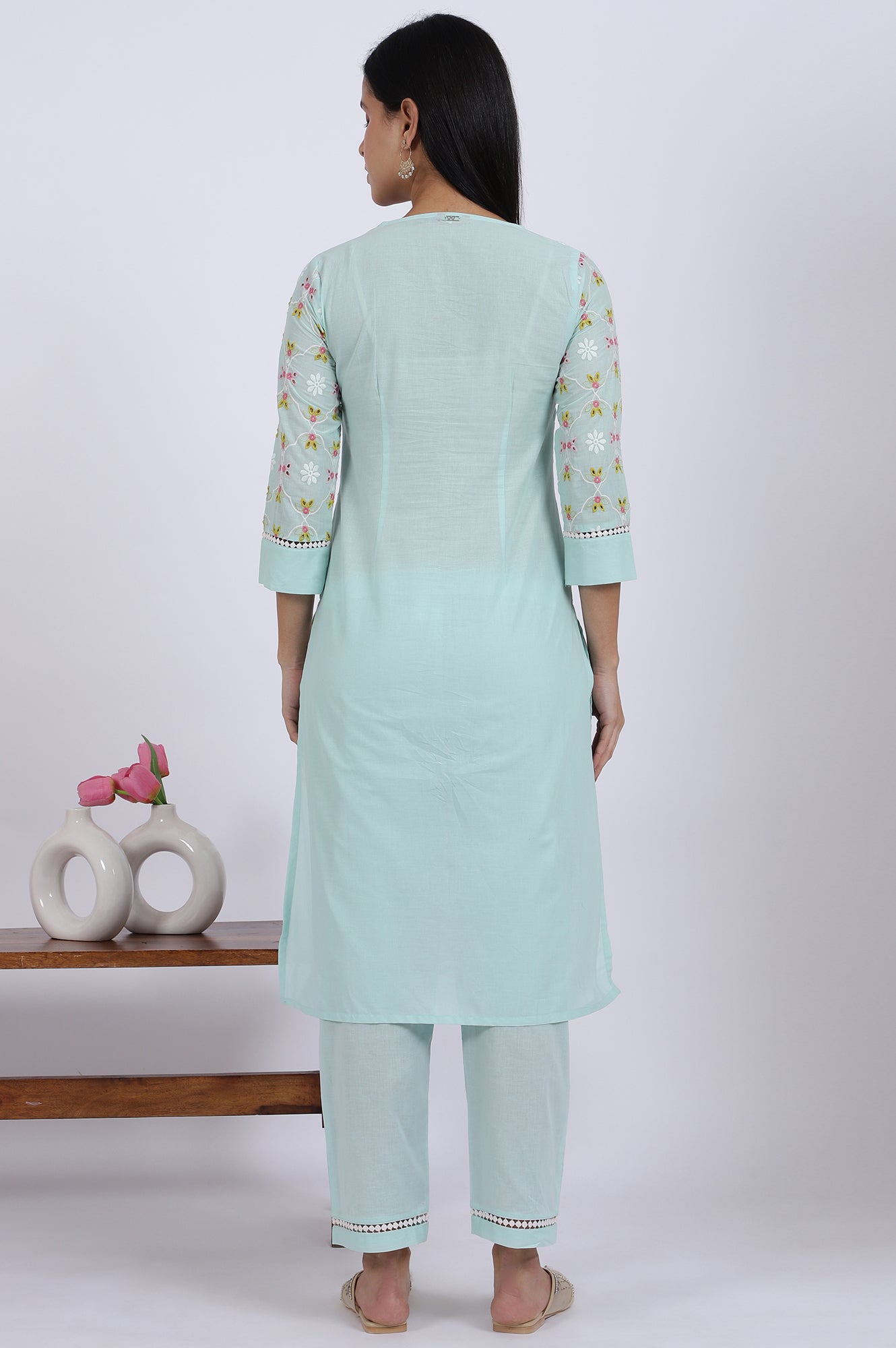 Blue Embroidered Lace Pure Cotton Straight Kurta &amp; Straight Pant Set