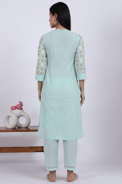 Blue Embroidered Lace Pure Cotton Straight Kurta &amp; Straight Pant Set