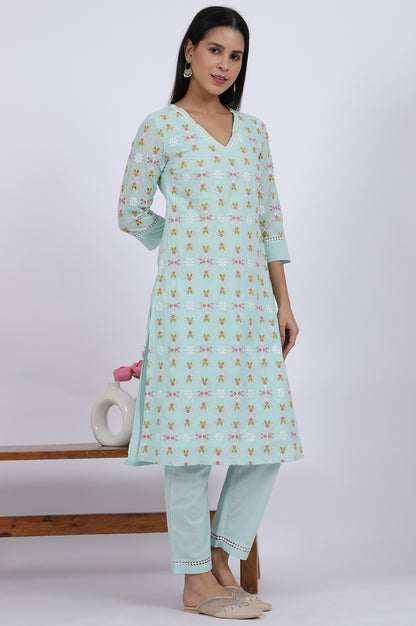 Blue Embroidered Lace Pure Cotton Straight Kurta &amp; Straight Pant Set