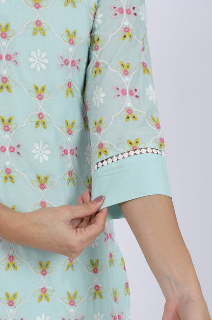 Blue Embroidered Lace Pure Cotton Straight Kurta &amp; Straight Pant Set