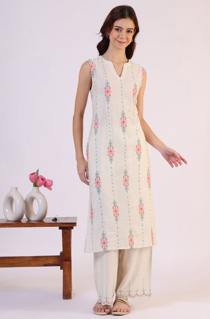 Beige Embroidered Straight Rayon Kurta &amp; Parallel Pant Set