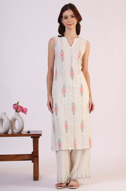 Beige Embroidered Straight Rayon Kurta &amp; Parallel Pant Set