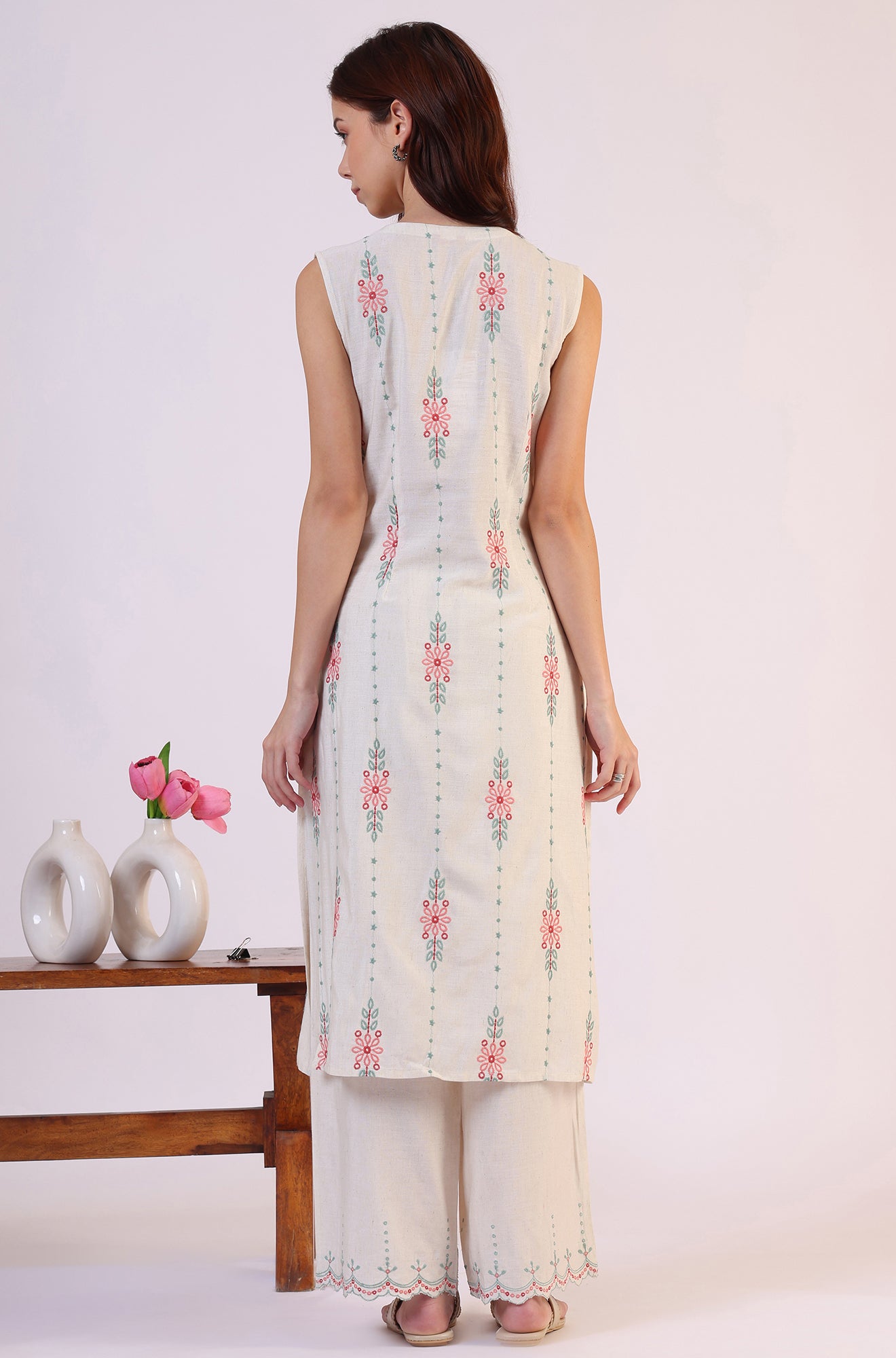 Beige Embroidered Straight Rayon Kurta &amp; Parallel Pant Set