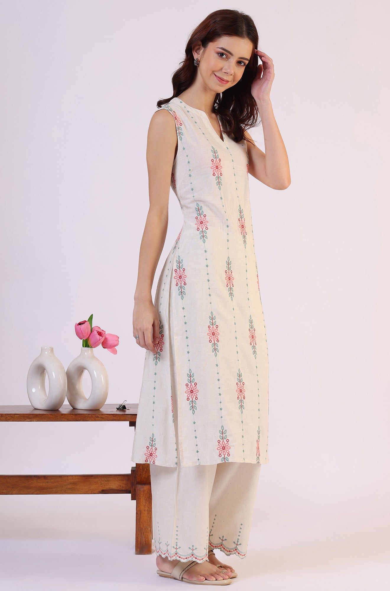 Beige Embroidered Straight Rayon Kurta &amp; Parallel Pant Set