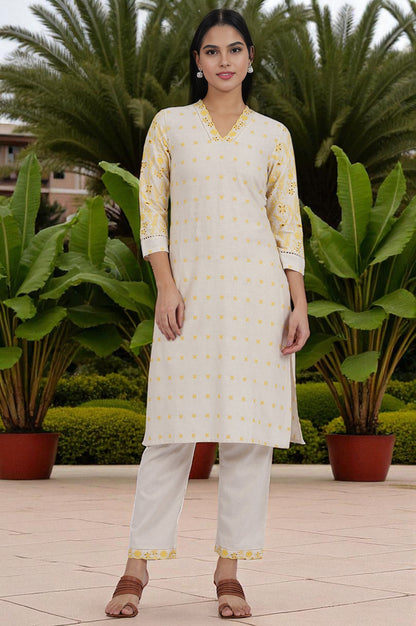 Beige Embroidered Lace Cotton Blend Straight Kurta &amp; Straight Pant Set