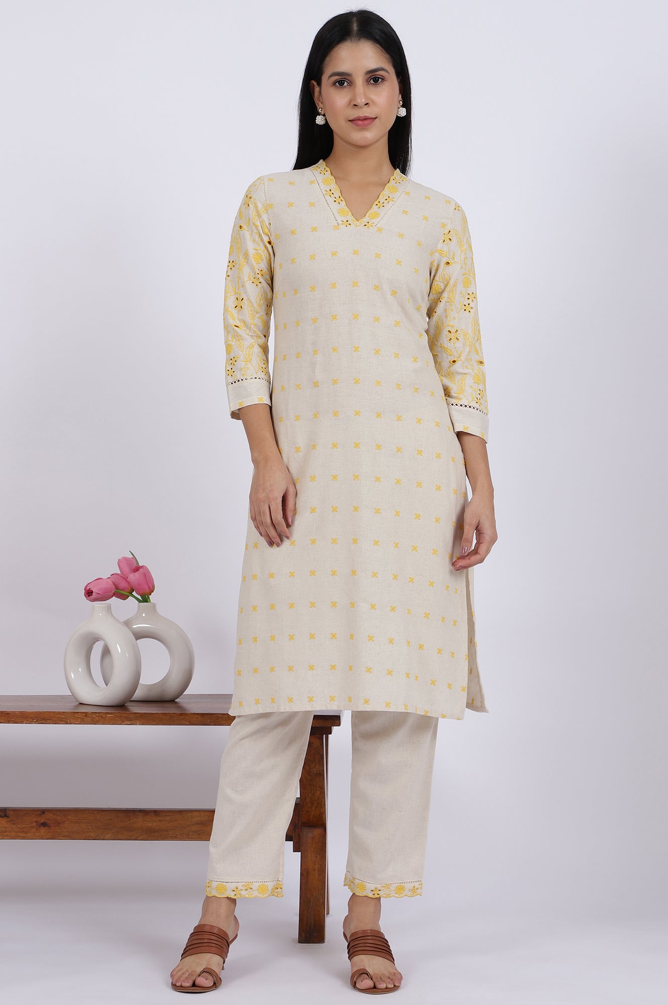 Beige Embroidered Lace Cotton Blend Straight Kurta &amp; Straight Pant Set