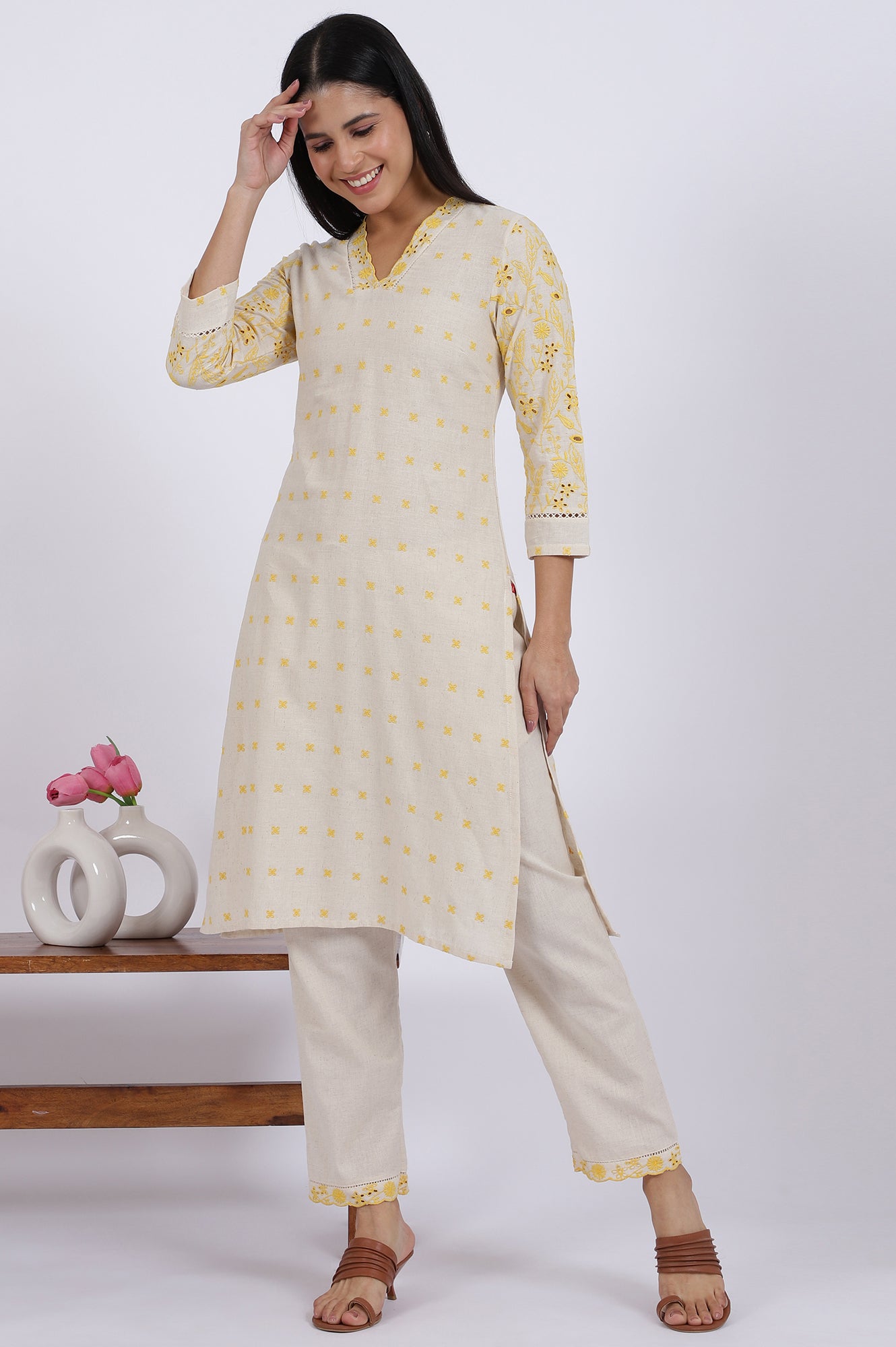 Beige Embroidered Lace Cotton Blend Straight Kurta &amp; Straight Pant Set