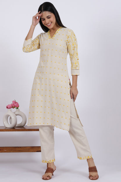 Beige Embroidered Lace Cotton Blend Straight Kurta &amp; Straight Pant Set