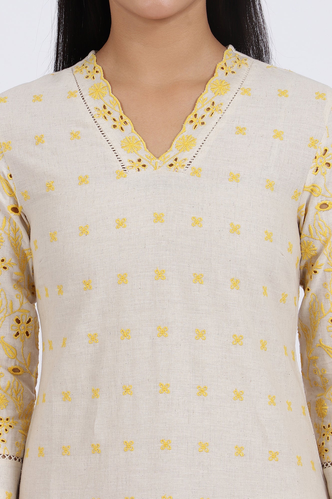 Beige Embroidered Lace Cotton Blend Straight Kurta &amp; Straight Pant Set