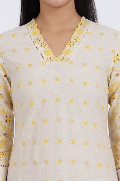 Beige Embroidered Lace Cotton Blend Straight Kurta &amp; Straight Pant Set