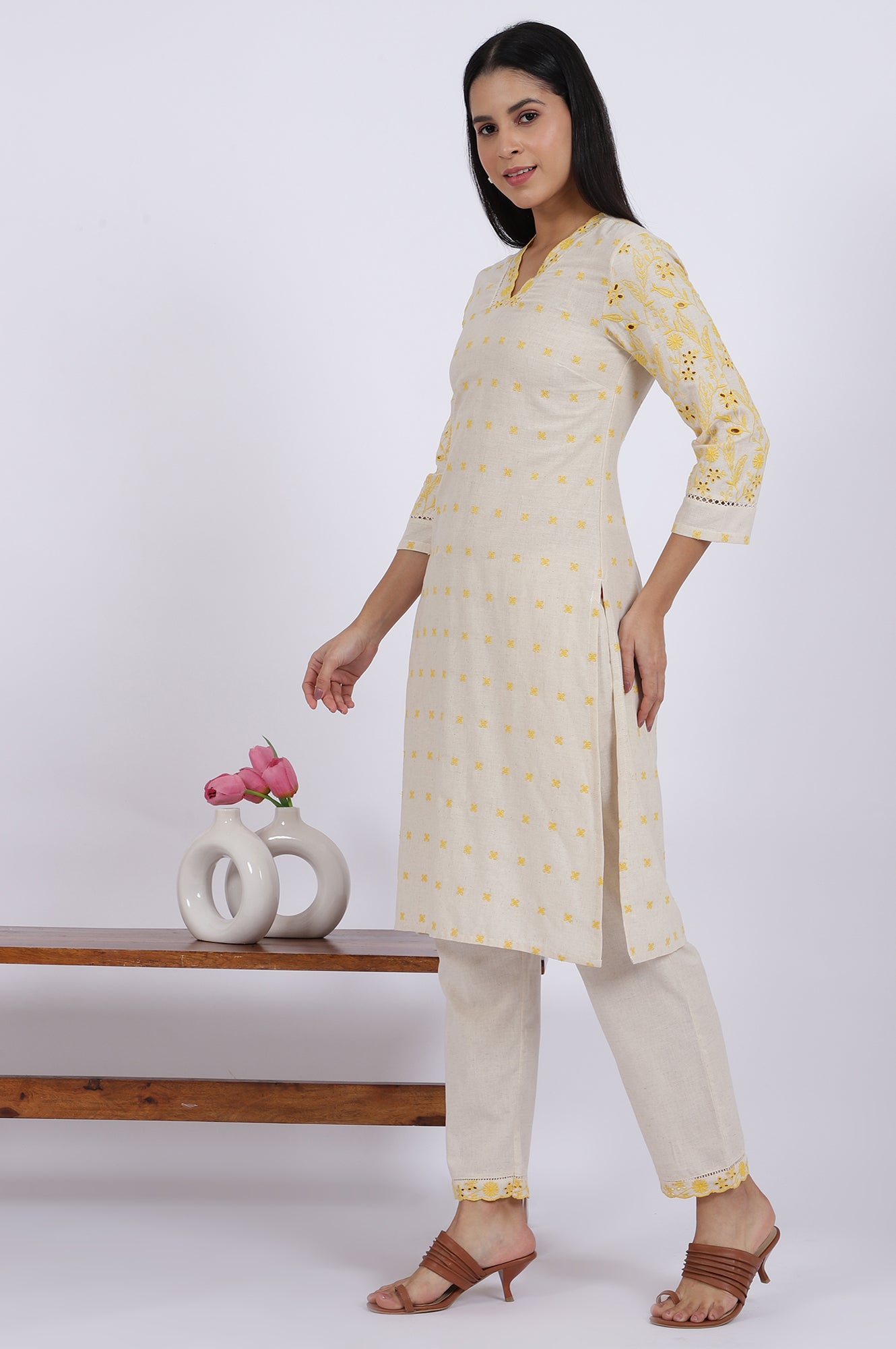 Beige Embroidered Lace Cotton Blend Straight Kurta &amp; Straight Pant Set