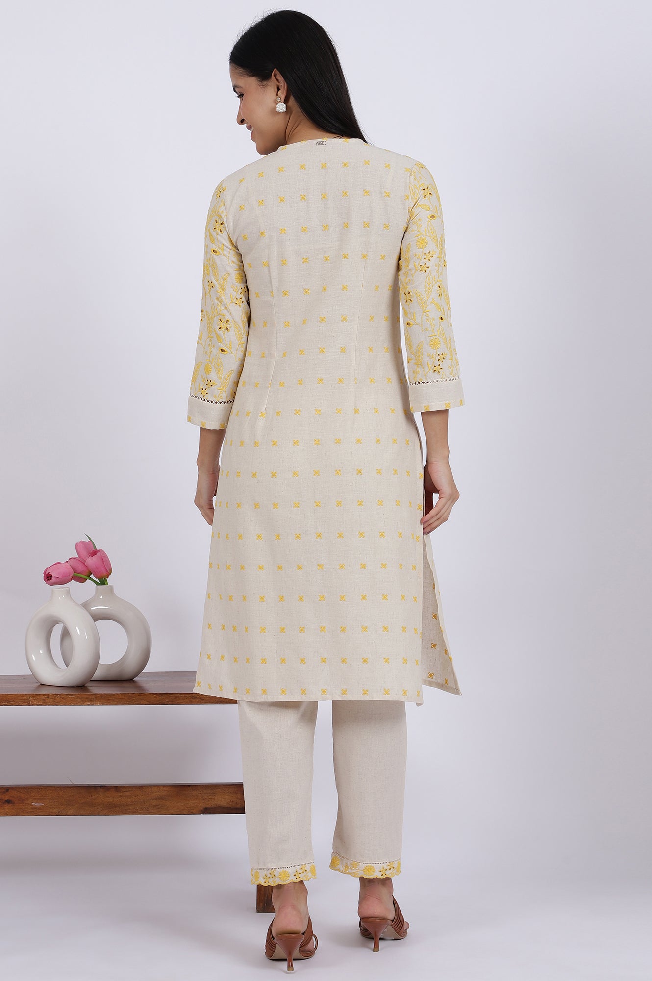 Beige Embroidered Lace Cotton Blend Straight Kurta &amp; Straight Pant Set