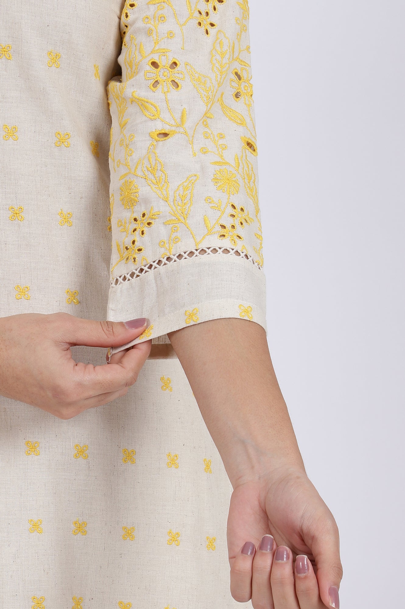 Beige Embroidered Lace Cotton Blend Straight Kurta &amp; Straight Pant Set