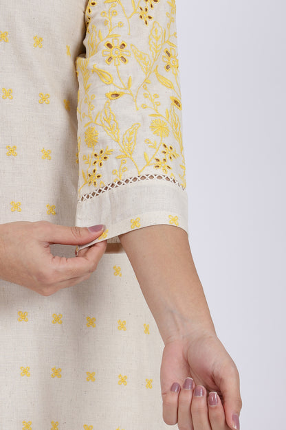 Beige Embroidered Lace Cotton Blend Straight Kurta &amp; Straight Pant Set