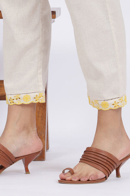 Beige Embroidered Lace Cotton Blend Straight Kurta &amp; Straight Pant Set