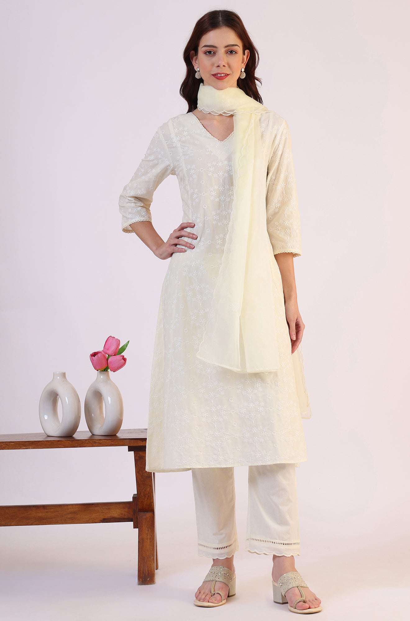 White Embroidered Lace Straight Pure Cotton Kurta &amp; Straight Pant With Dupatta Set