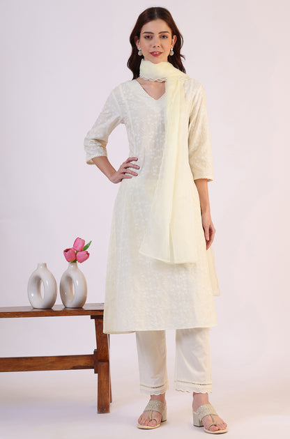 White Embroidered Lace Straight Pure Cotton Kurta &amp; Straight Pant With Dupatta Set