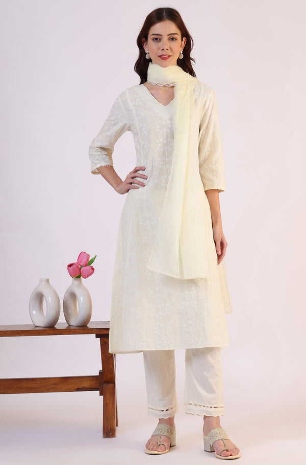 White Embroidered Lace Straight Pure Cotton Kurta & Straight Pant With Dupatta Set