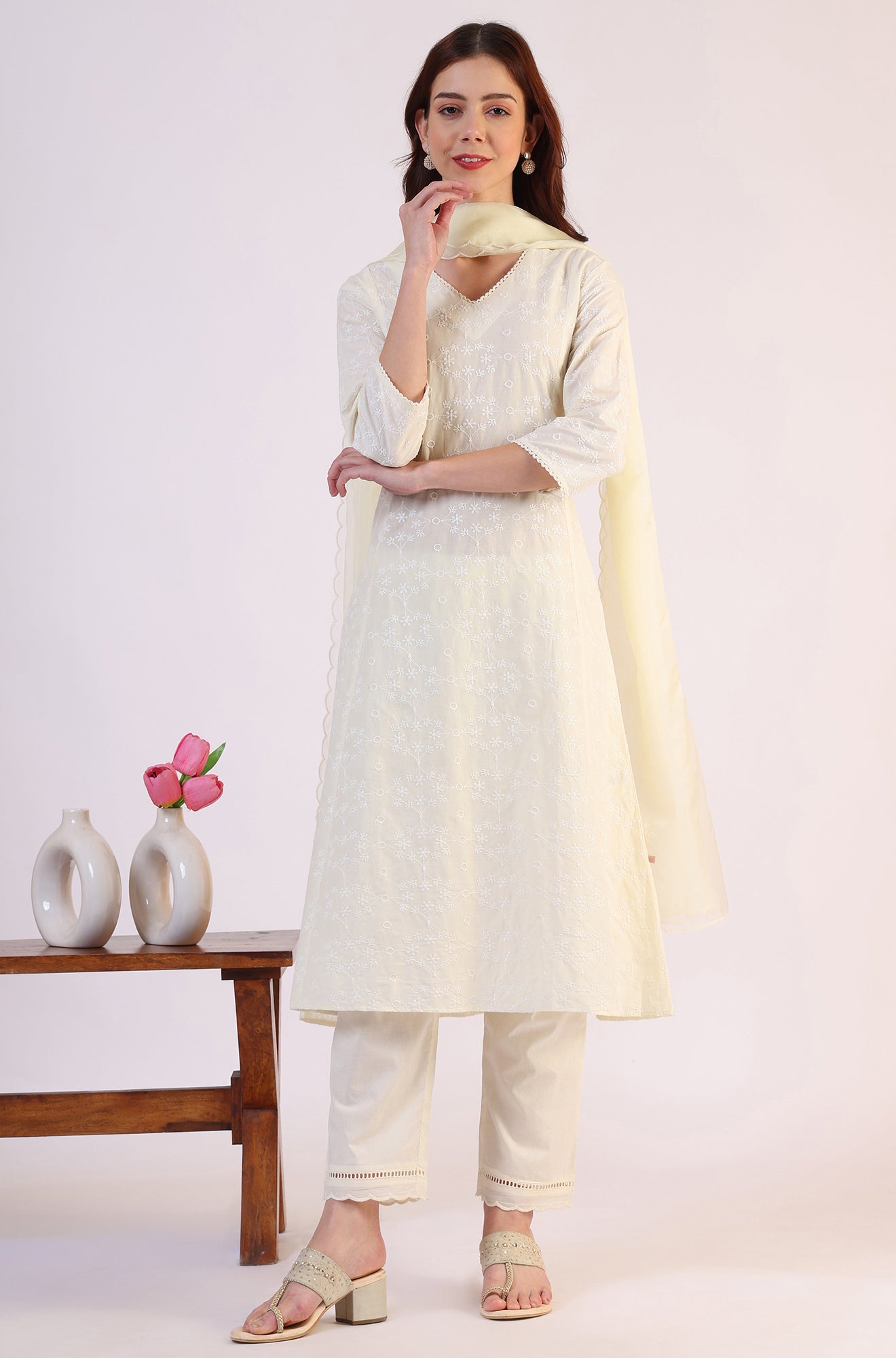 White Embroidered Lace Straight Pure Cotton Kurta &amp; Straight Pant With Dupatta Set