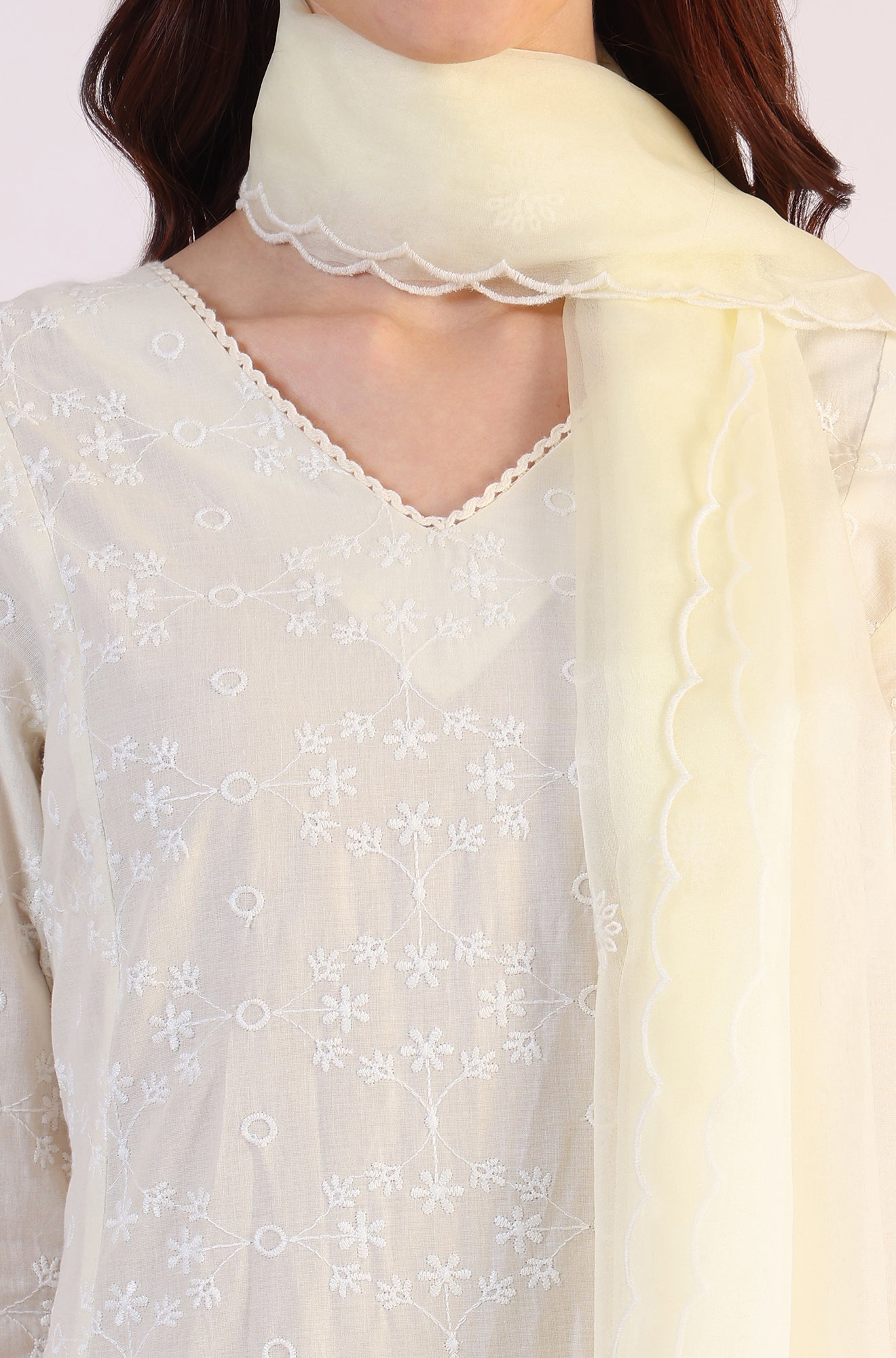 White Embroidered Lace Straight Pure Cotton Kurta &amp; Straight Pant With Dupatta Set
