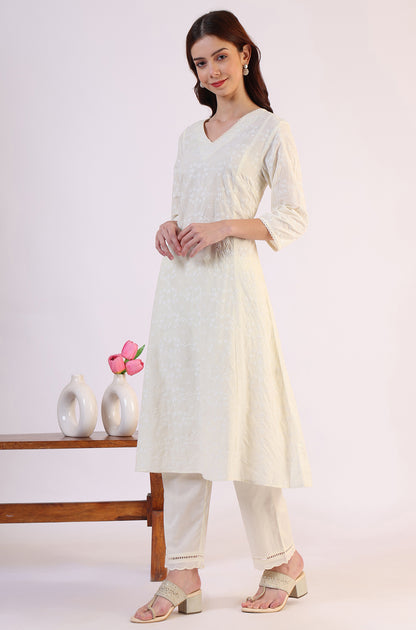 White Embroidered Lace Straight Pure Cotton Kurta &amp; Straight Pant With Dupatta Set