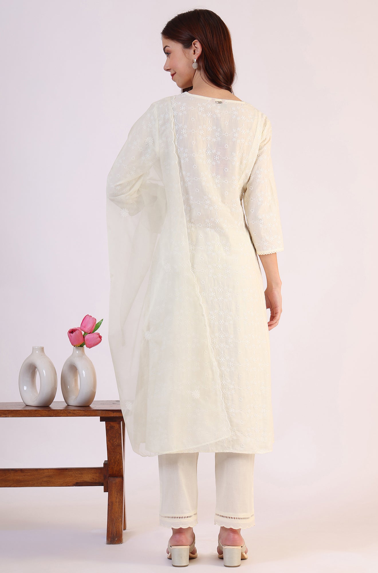 White Embroidered Lace Straight Pure Cotton Kurta &amp; Straight Pant With Dupatta Set