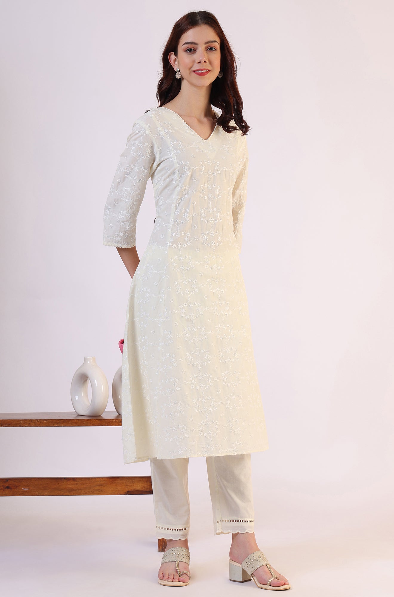 White Embroidered Lace Straight Pure Cotton Kurta &amp; Straight Pant With Dupatta Set