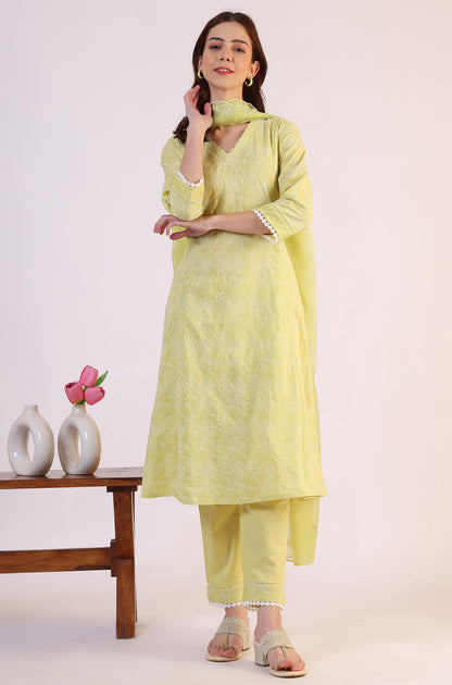 Green Embroidered Lace Flared Pure Cotton Kurta &amp; Straight Pant With Dupatta Set