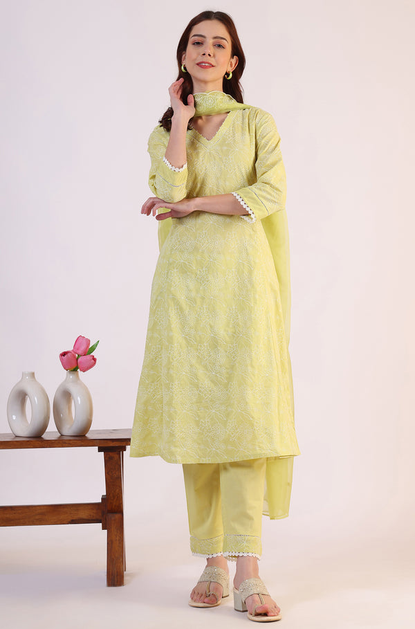 Green Embroidered Lace Flared Pure Cotton Kurta & Straight Pant With Dupatta Set
