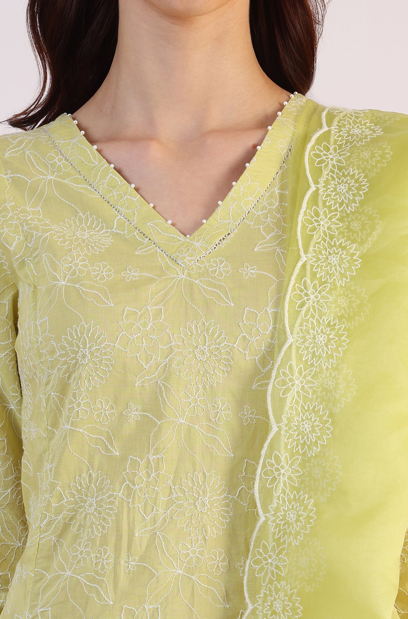 Green Embroidered Lace Flared Pure Cotton Kurta &amp; Straight Pant With Dupatta Set