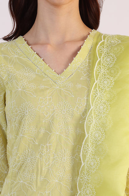 Green Embroidered Lace Flared Pure Cotton Kurta &amp; Straight Pant With Dupatta Set