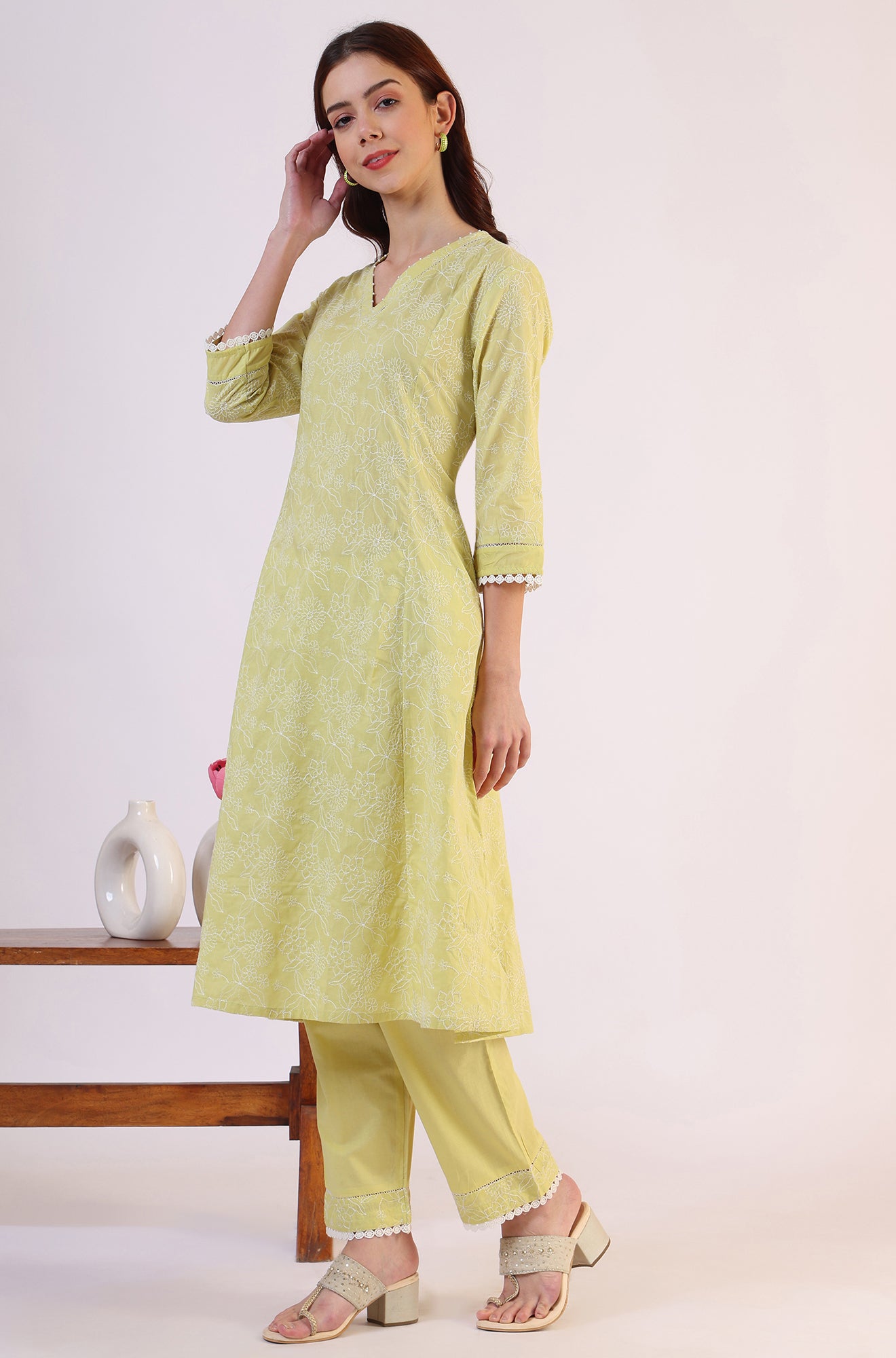 Green Embroidered Lace Flared Pure Cotton Kurta &amp; Straight Pant With Dupatta Set