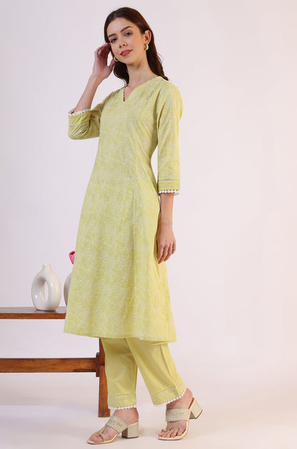 Green Embroidered Lace Flared Pure Cotton Kurta &amp; Straight Pant With Dupatta Set