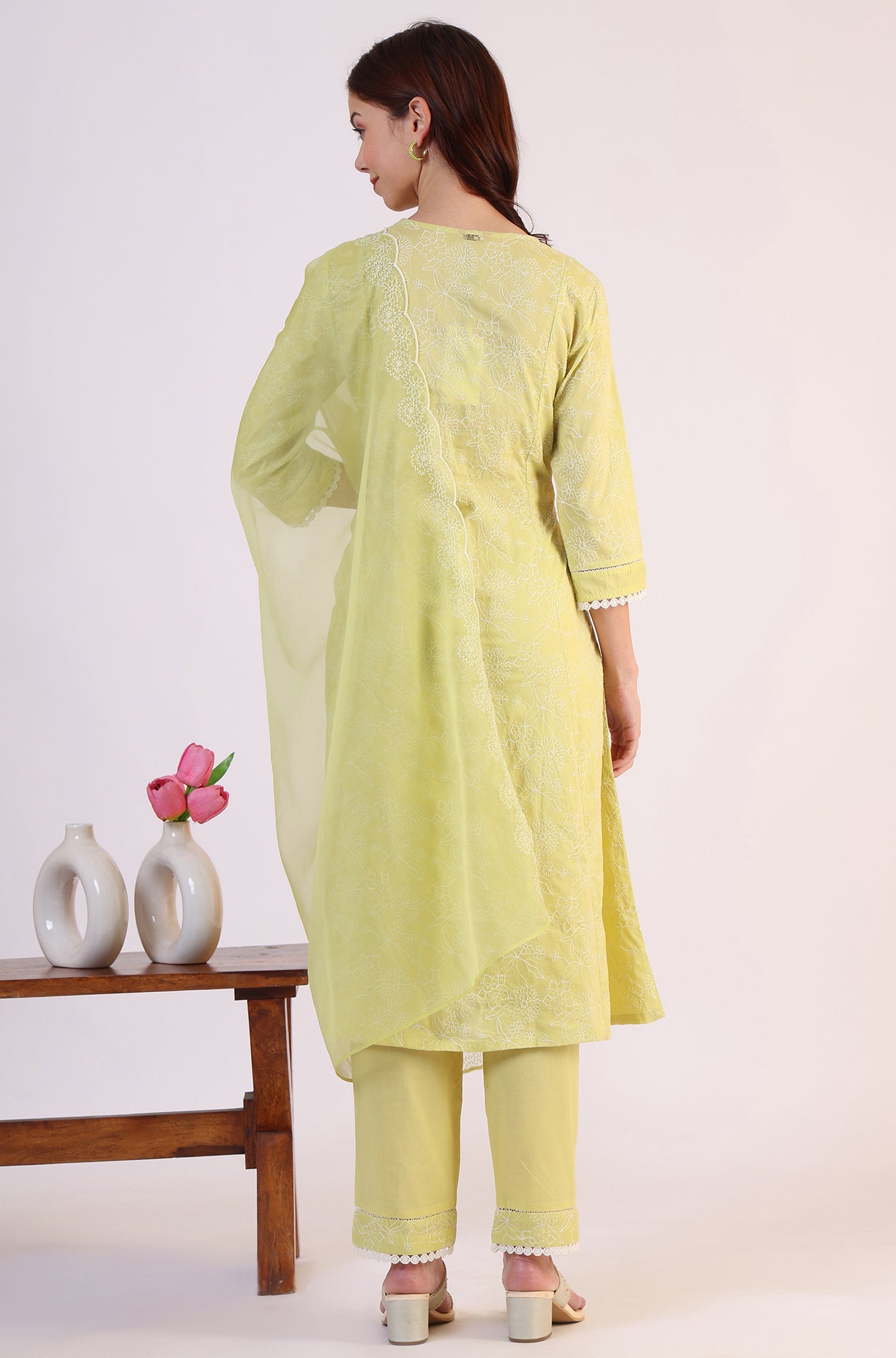 Green Embroidered Lace Flared Pure Cotton Kurta &amp; Straight Pant With Dupatta Set