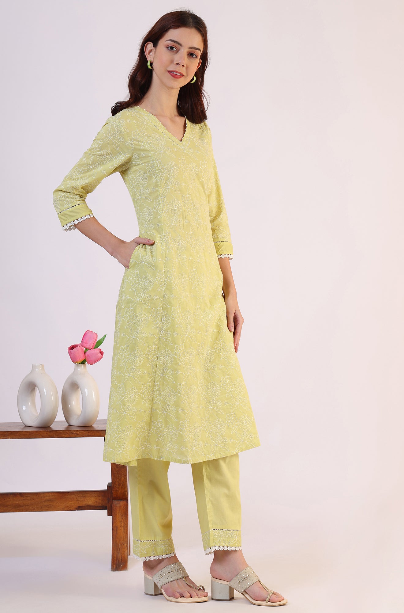 Green Embroidered Lace Flared Pure Cotton Kurta &amp; Straight Pant With Dupatta Set