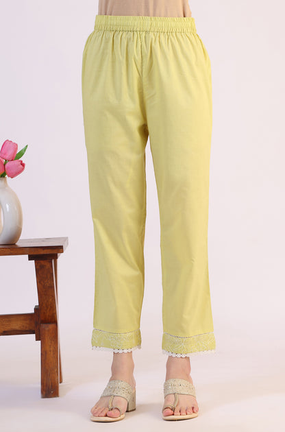 Green Embroidered Lace Flared Pure Cotton Kurta &amp; Straight Pant With Dupatta Set