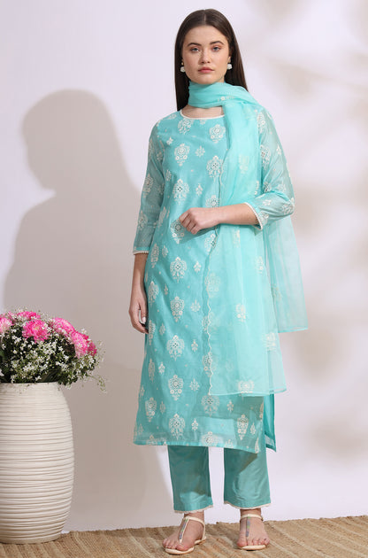 Turquiose Blue Schiffli Embroidered Straight Kurta, Pants and Dupatta Set