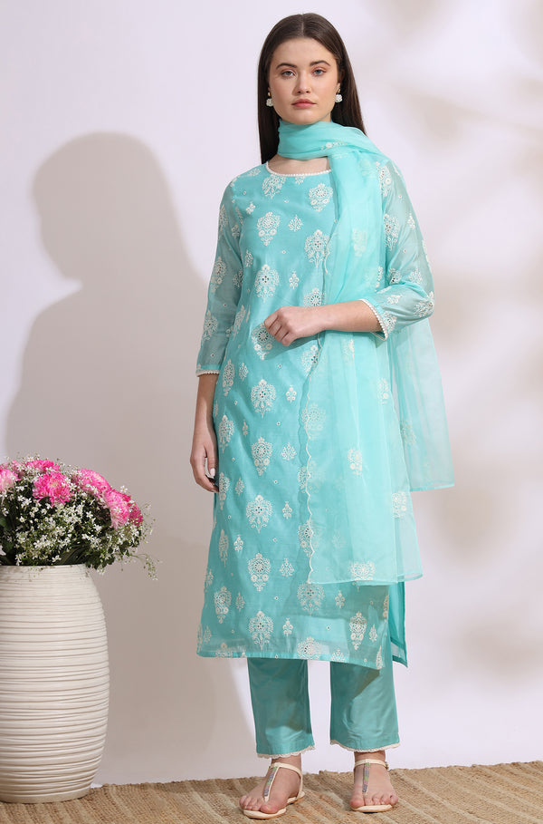 Turquiose Blue Schiffli Embroidered Straight Kurta, Pants and Dupatta Set