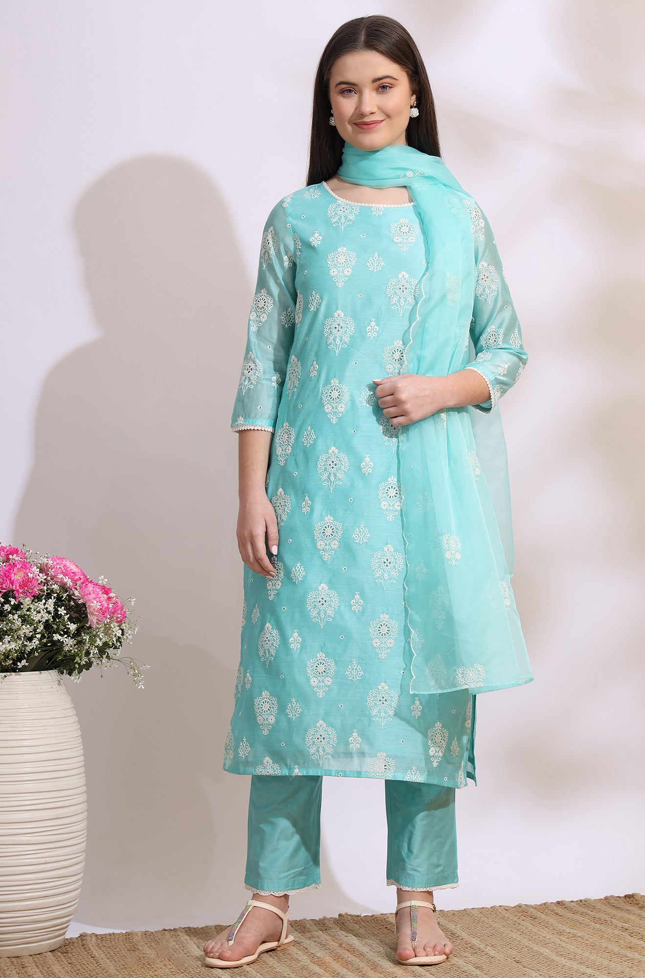 Turquiose Blue Schiffli Embroidered Straight Kurta, Pants and Dupatta Set