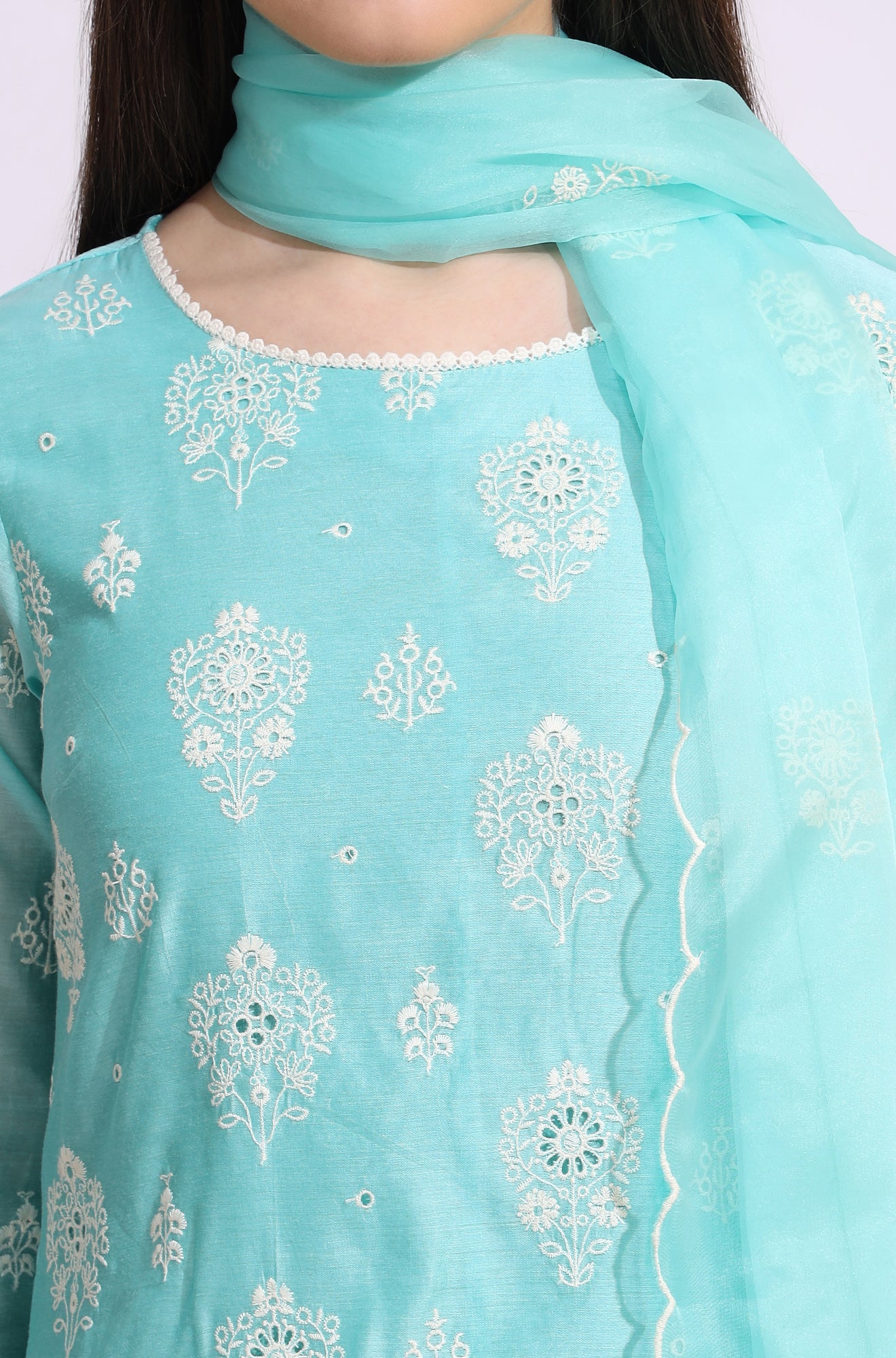 Turquiose Blue Schiffli Embroidered Straight Kurta, Pants and Dupatta Set