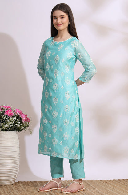 Turquiose Blue Schiffli Embroidered Straight Kurta, Pants and Dupatta Set