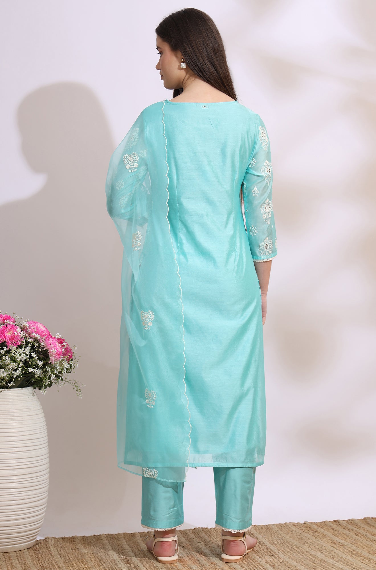 Turquiose Blue Schiffli Embroidered Straight Kurta, Pants and Dupatta Set