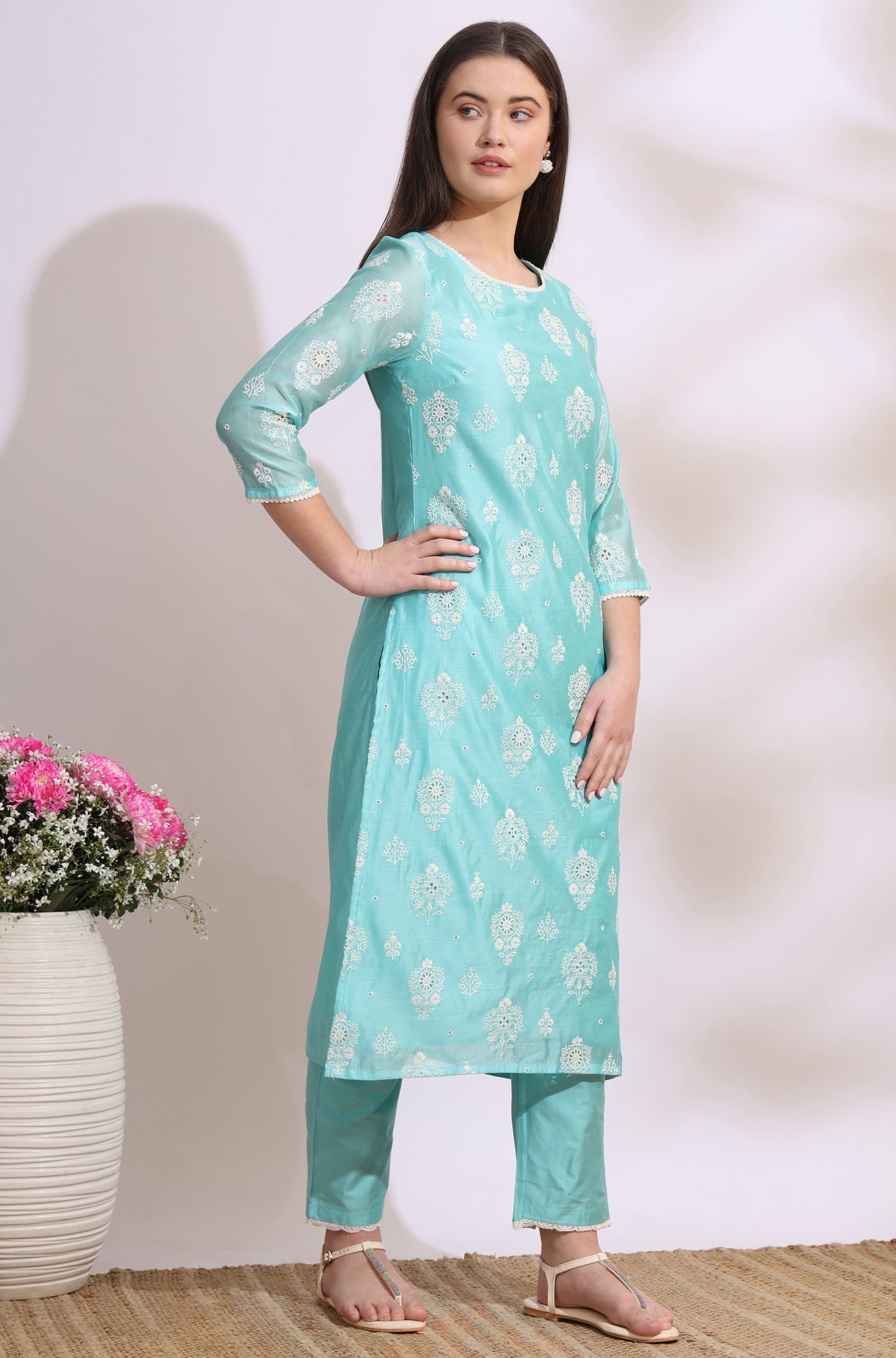 Turquiose Blue Schiffli Embroidered Straight Kurta, Pants and Dupatta Set