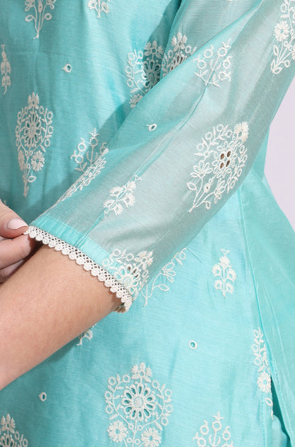 Turquiose Blue Schiffli Embroidered Straight Kurta, Pants and Dupatta Set