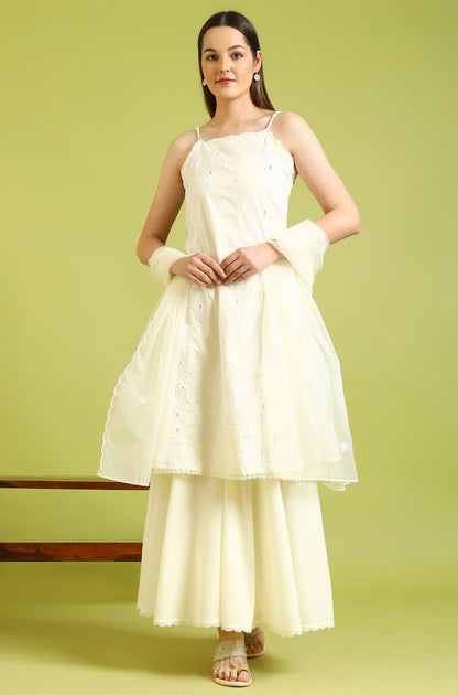 White Embroidered Pure Cotton Straight Spaghetti Kurta and Sharara Set with Dupatta
